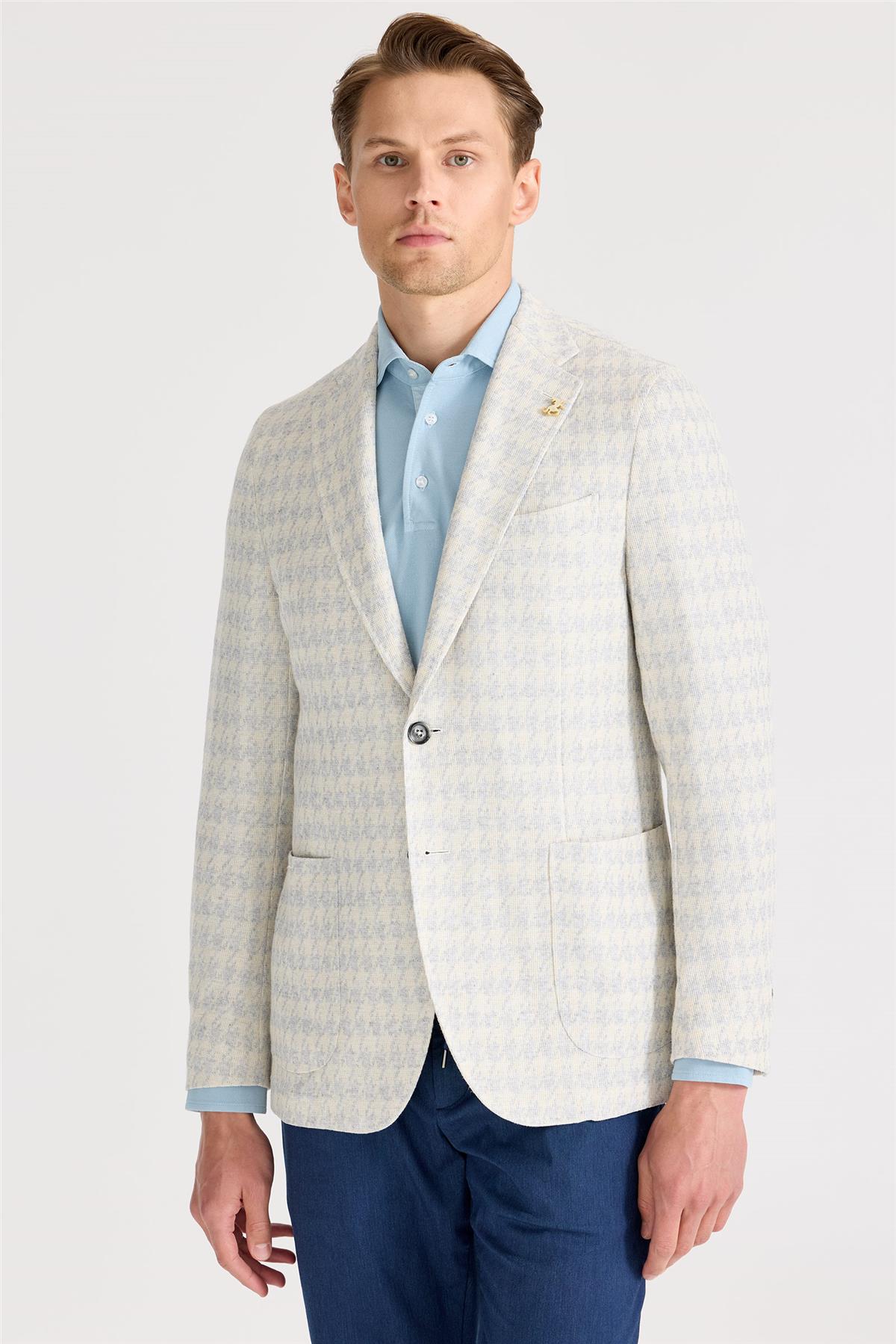 Ekru Mavi Desenli Pamuk Keten Ceket