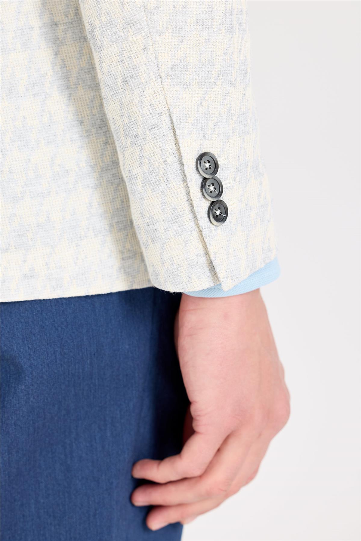 Ekru Mavi Desenli Pamuk Keten Ceket