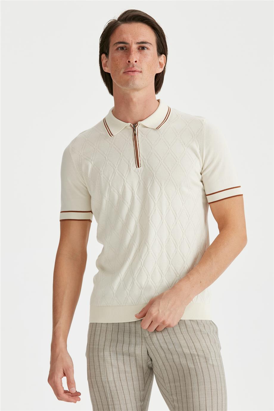 Ekru Polo Yaka Erkek Pamuk Triko