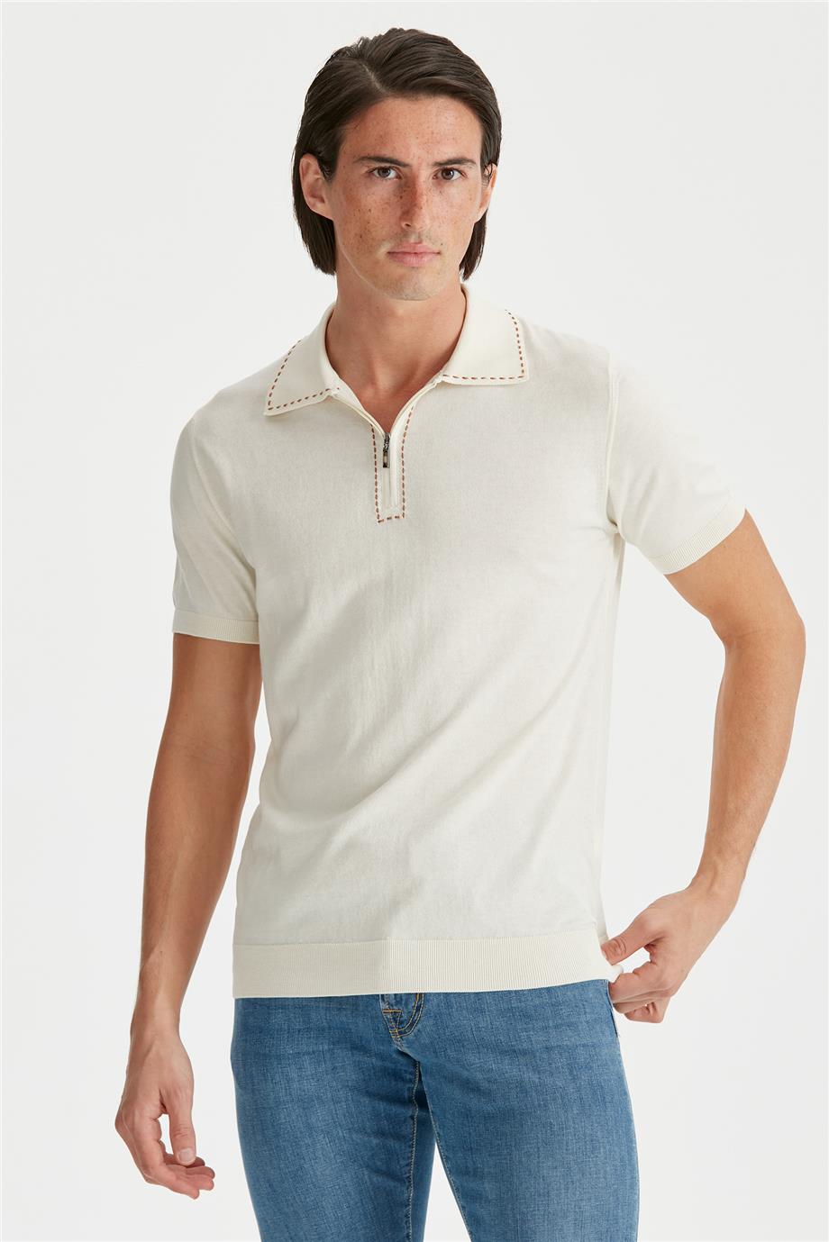 Ekru Polo Yaka Pamuk Triko