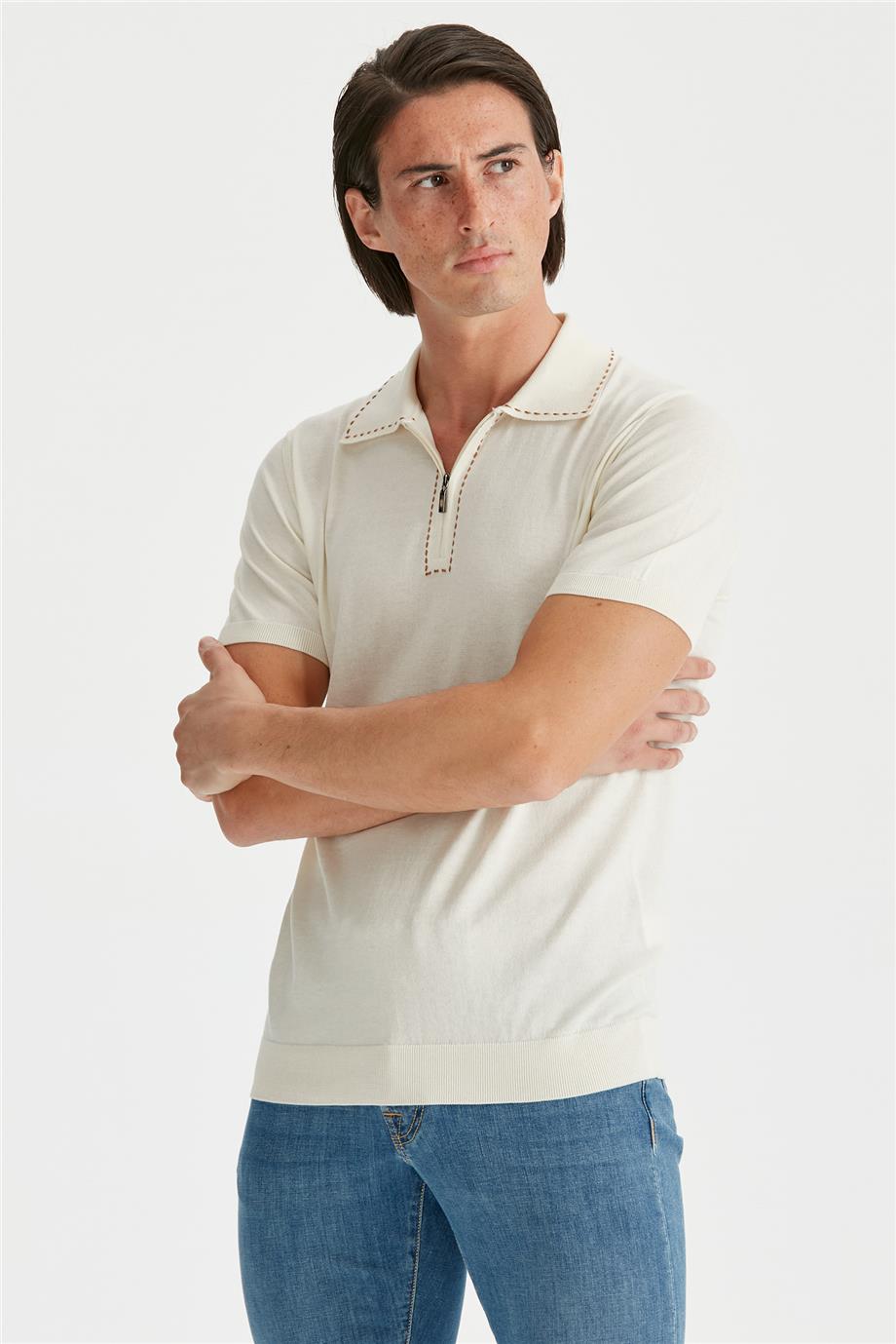 Ekru Polo Yaka Pamuk Triko
