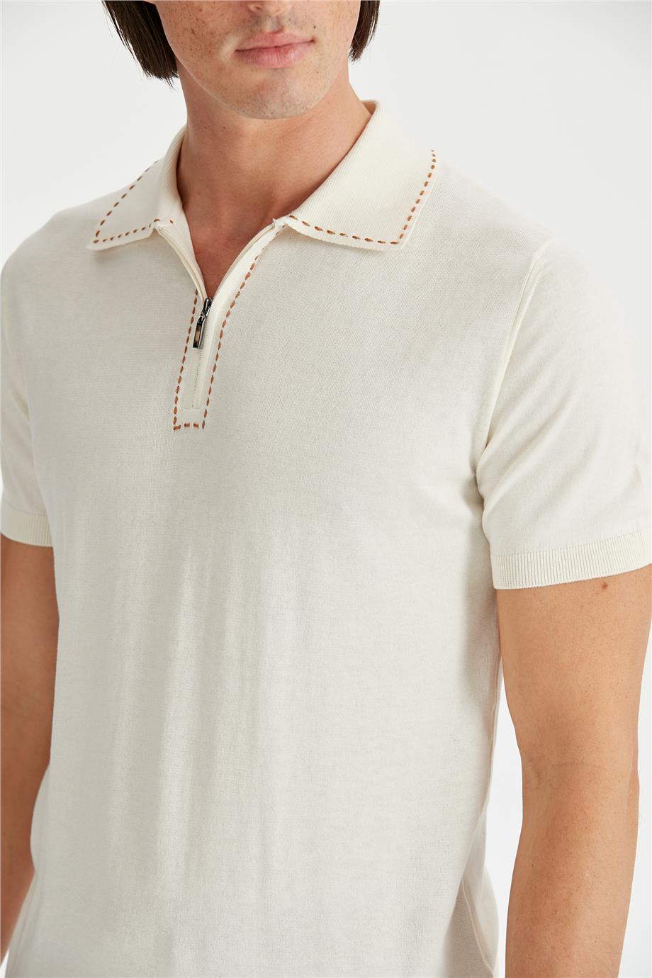 Ekru Polo Yaka Pamuk Triko