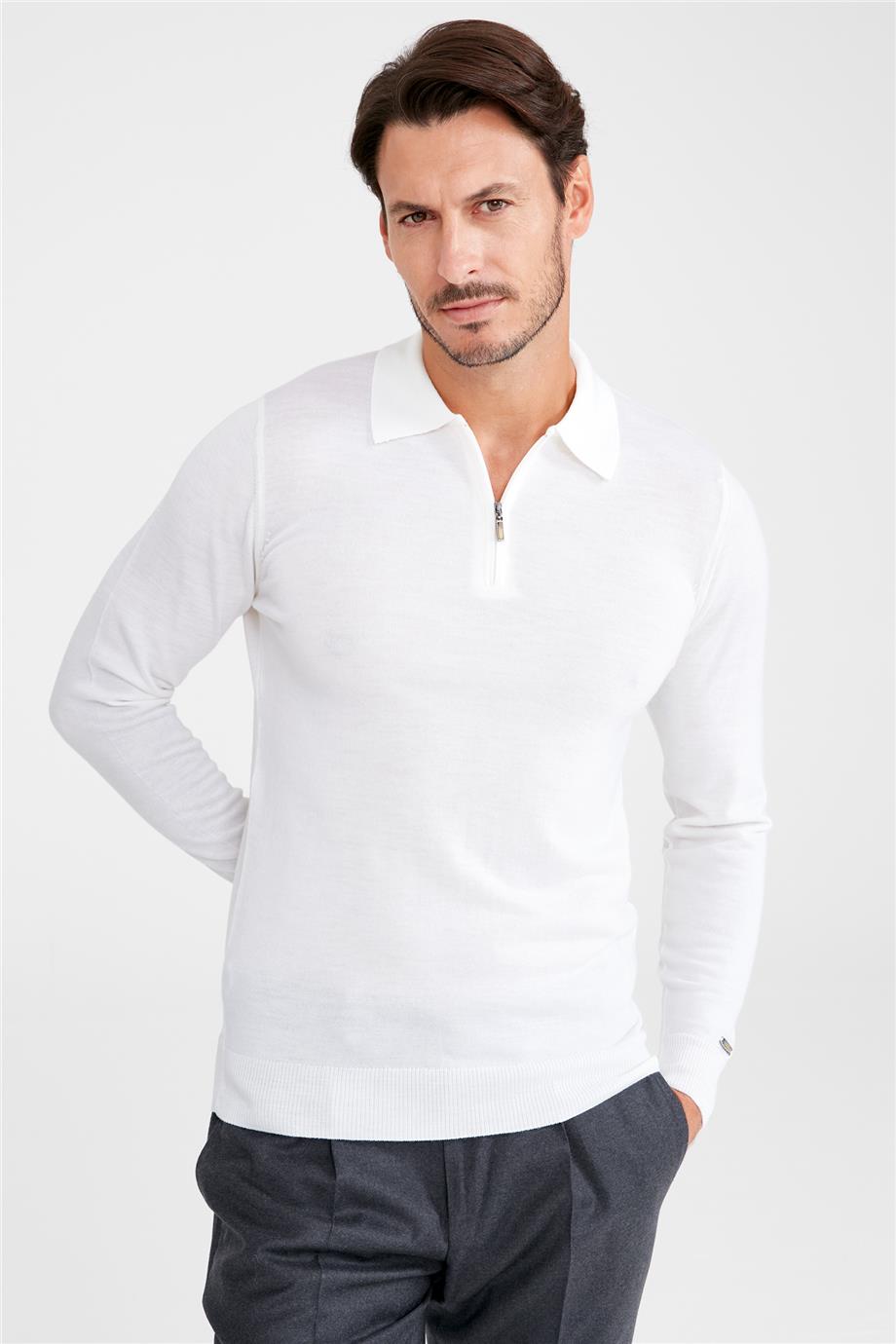 Ekru Polo Yaka Yün Triko