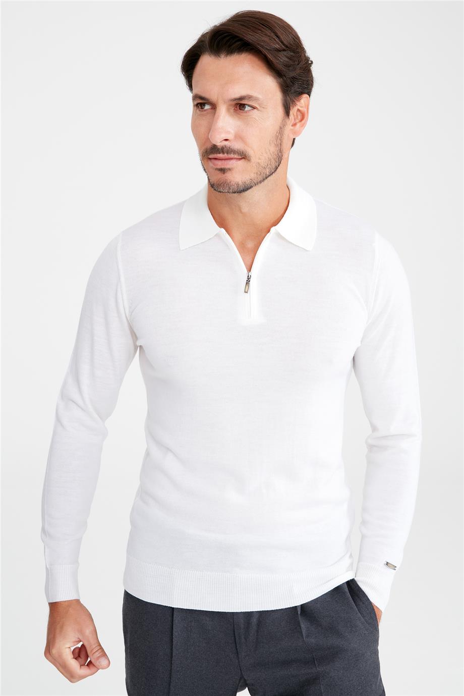 Ekru Polo Yaka Yün Triko