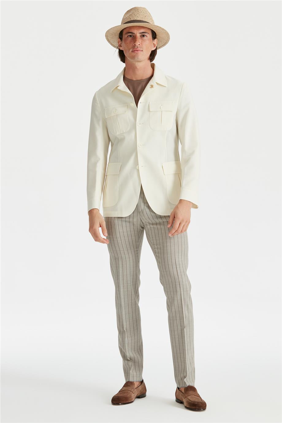 Ekru Sahariana Yün Keten Ceket