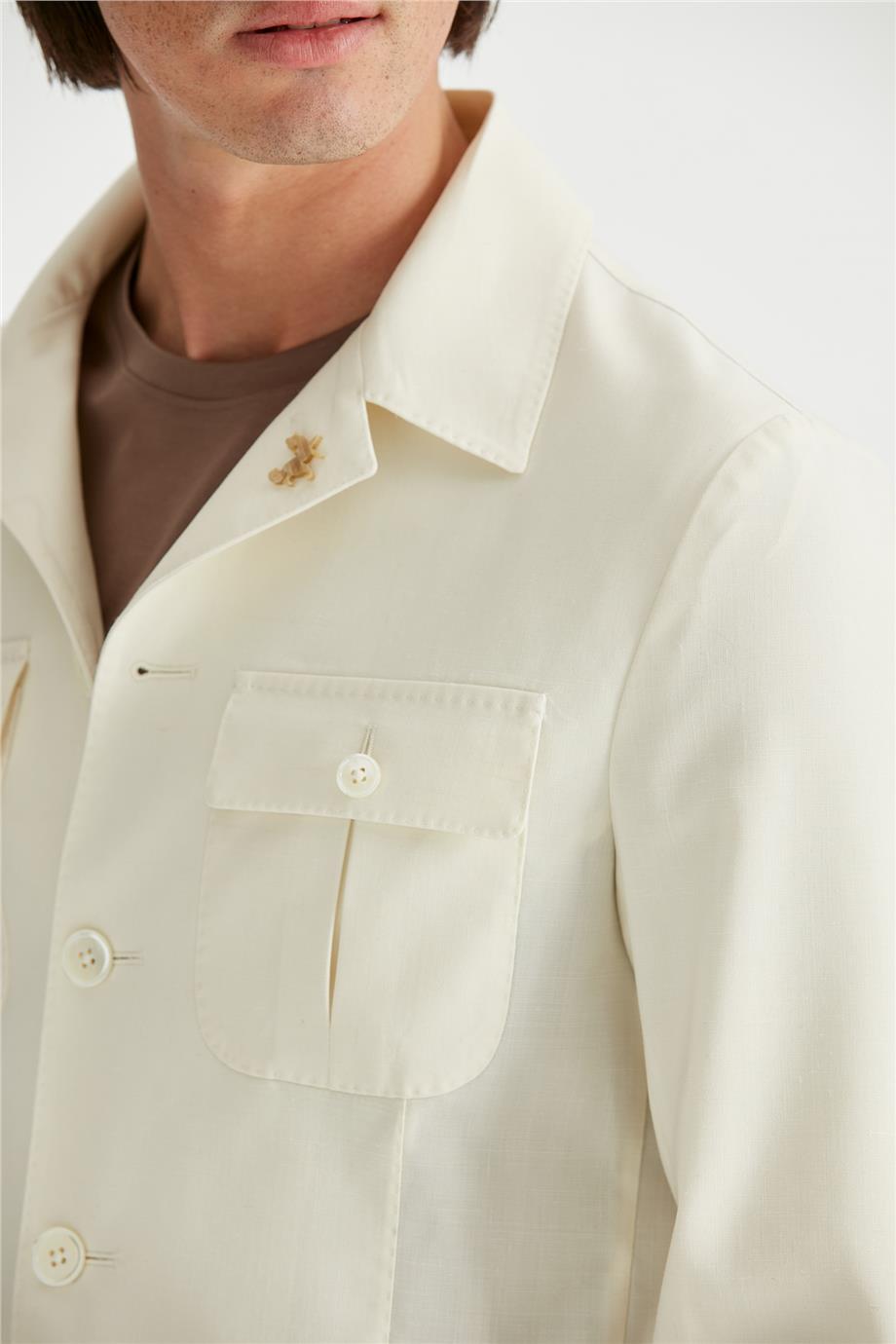 Ekru Sahariana Yün Keten Ceket