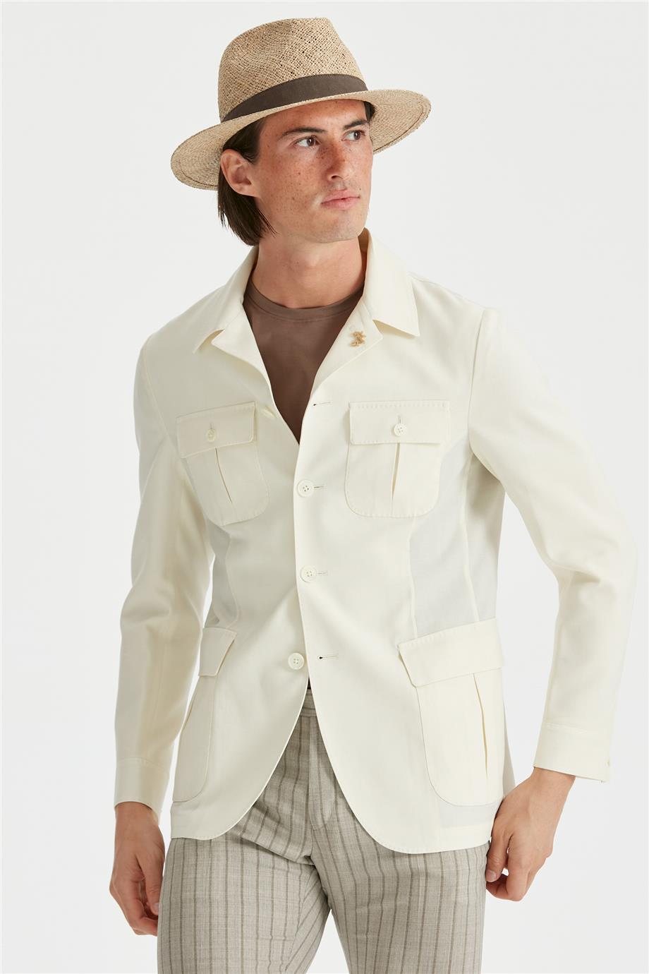 Ekru Sahariana Yün Keten Ceket