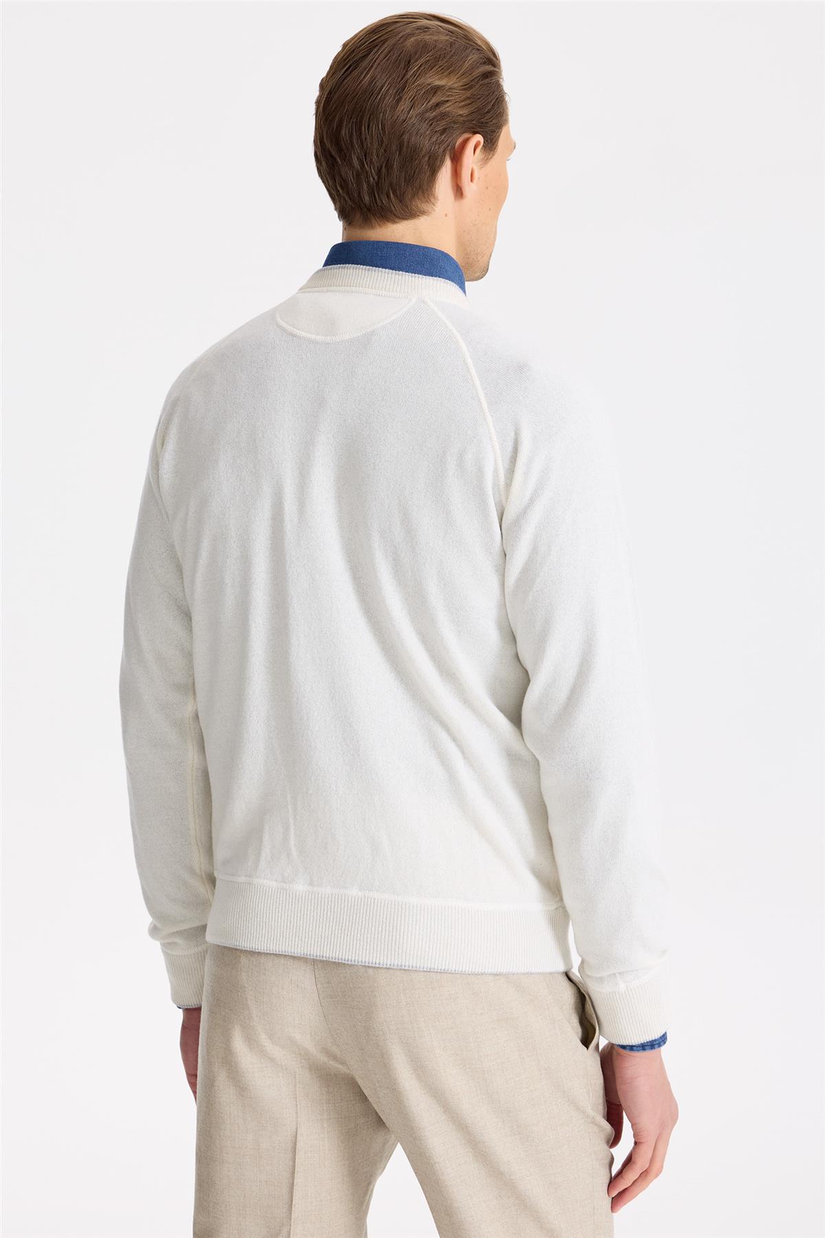 Ekru Sıfır Yaka Kaşmir Triko