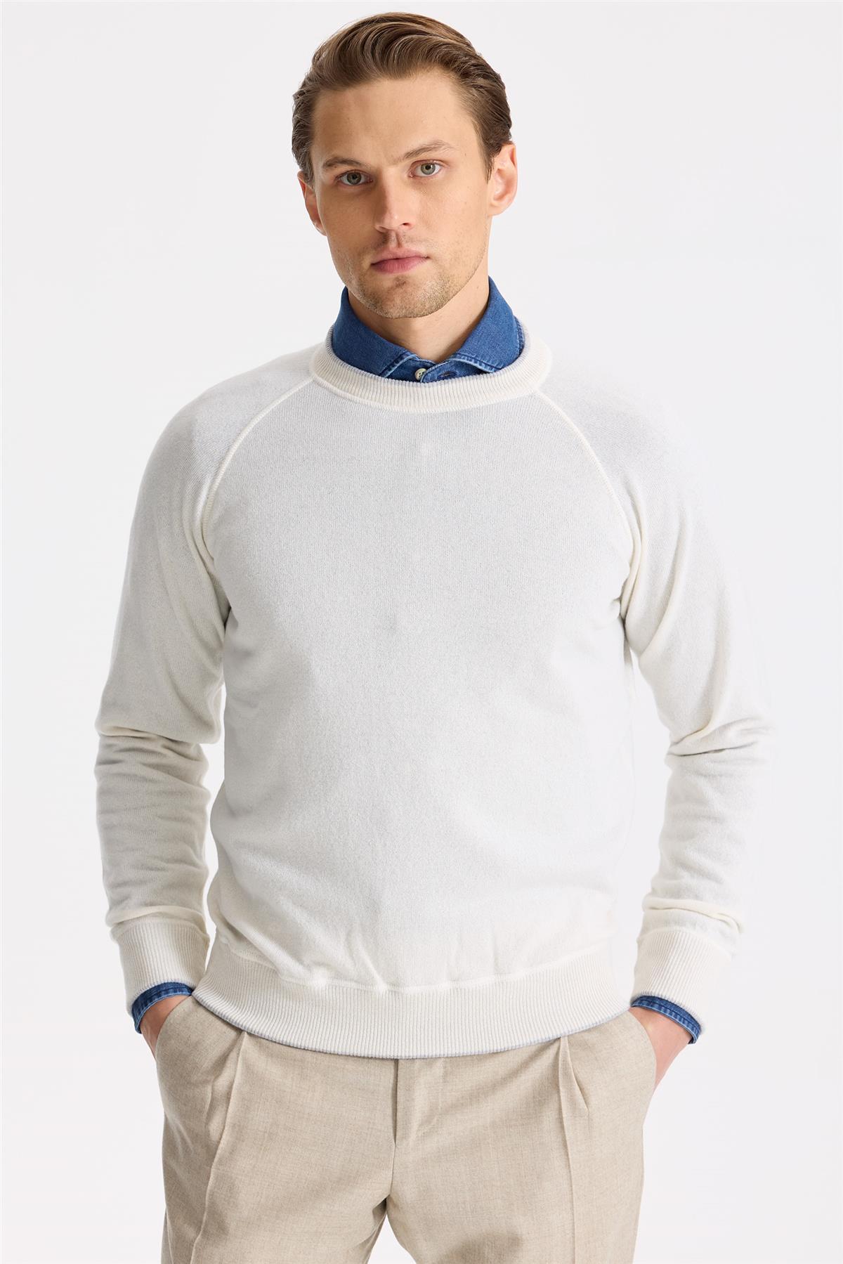 Ekru Sıfır Yaka Kaşmir Triko