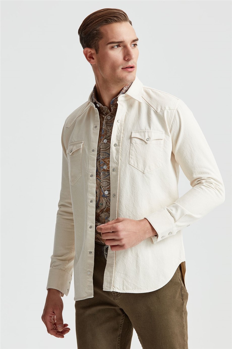 Ekru Western Ham Denim Gömlek