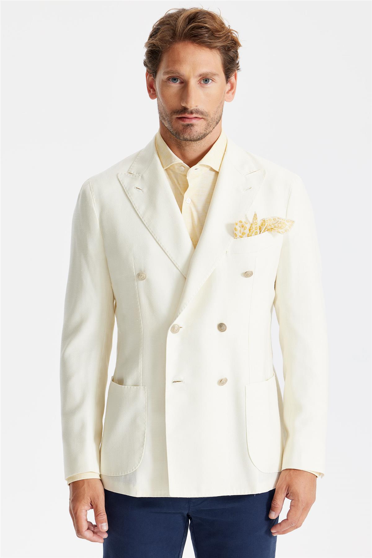 Ekru Yün İpek Keten Kruvaze Ceket