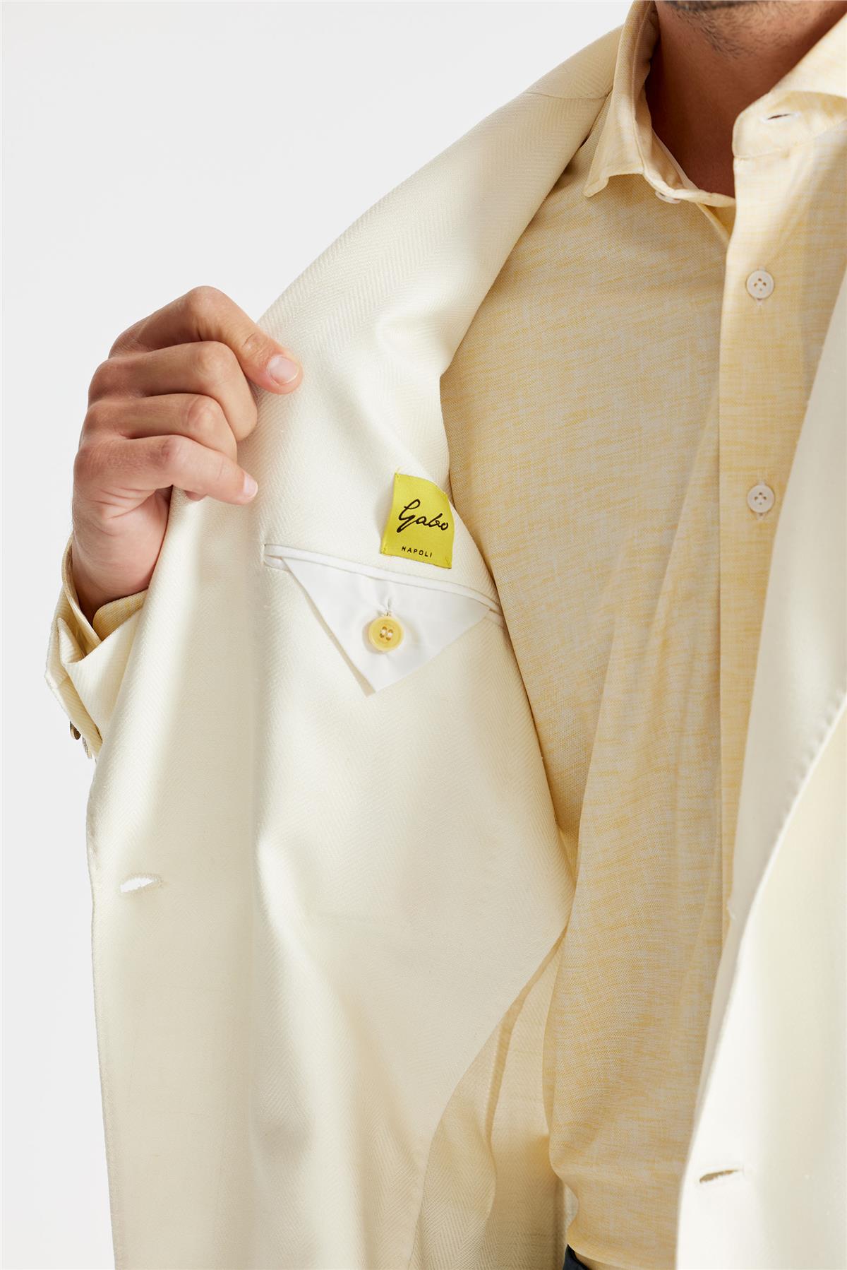 Ekru Yün İpek Keten Kruvaze Ceket