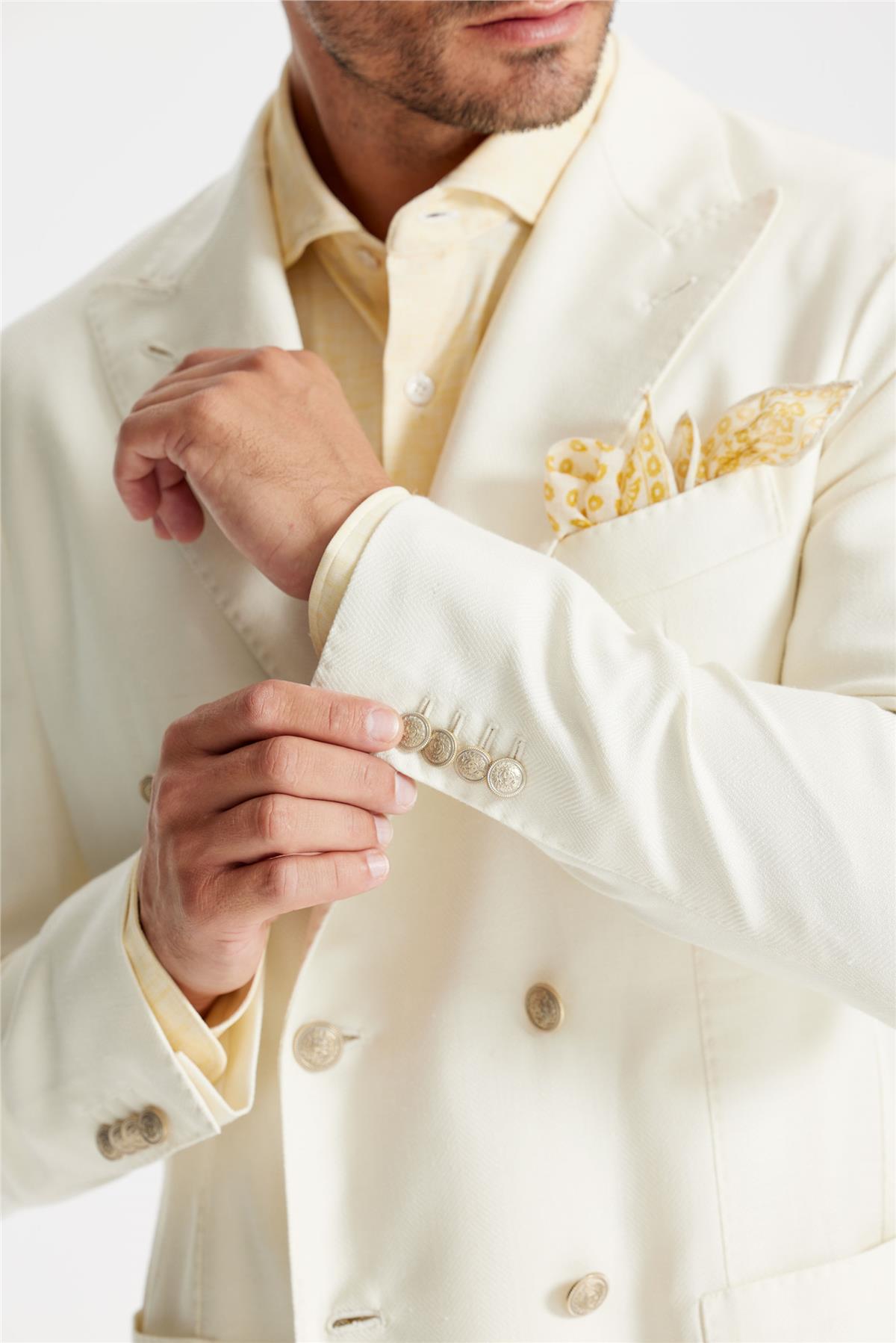 Ekru Yün İpek Keten Kruvaze Ceket