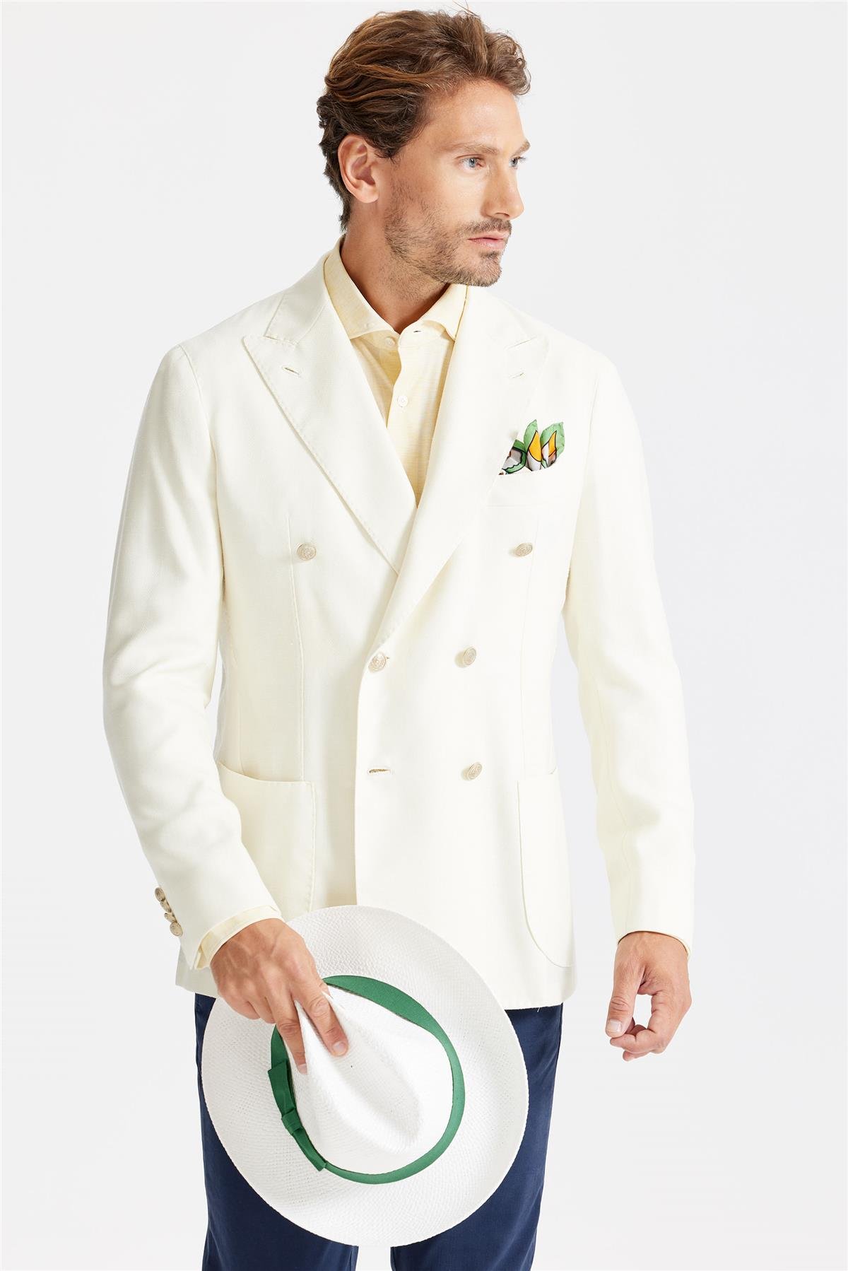 Ekru Yün İpek Keten Kruvaze Ceket