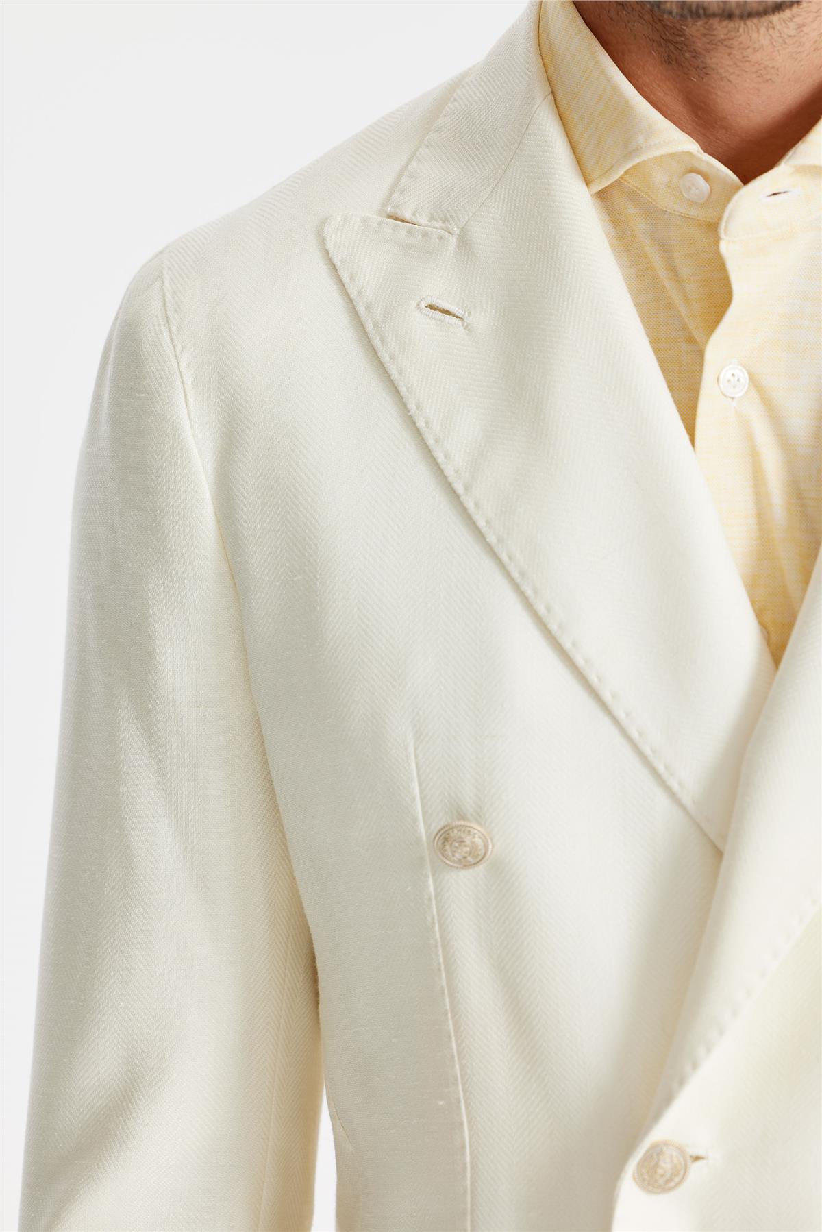 Ekru Yün İpek Keten Kruvaze Ceket