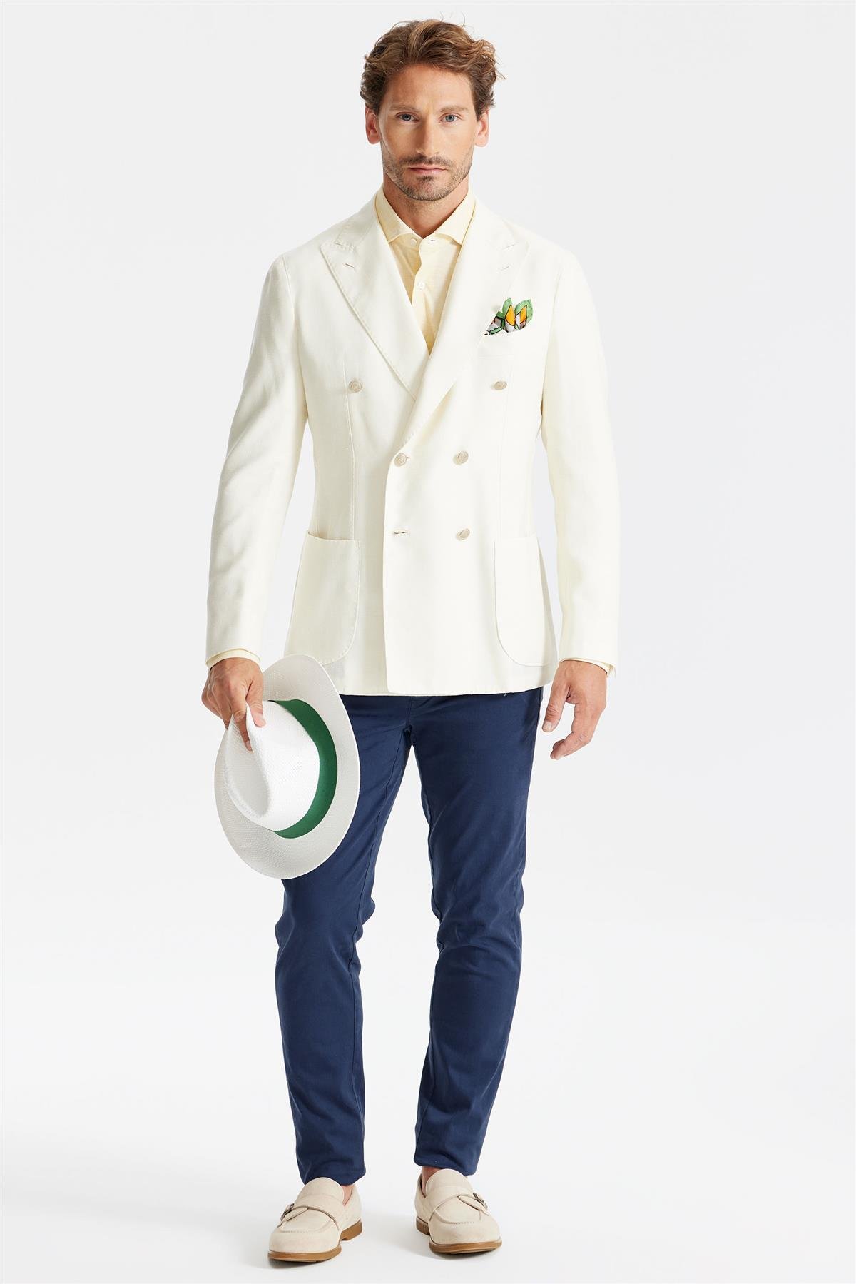 Ekru Yün İpek Keten Kruvaze Ceket