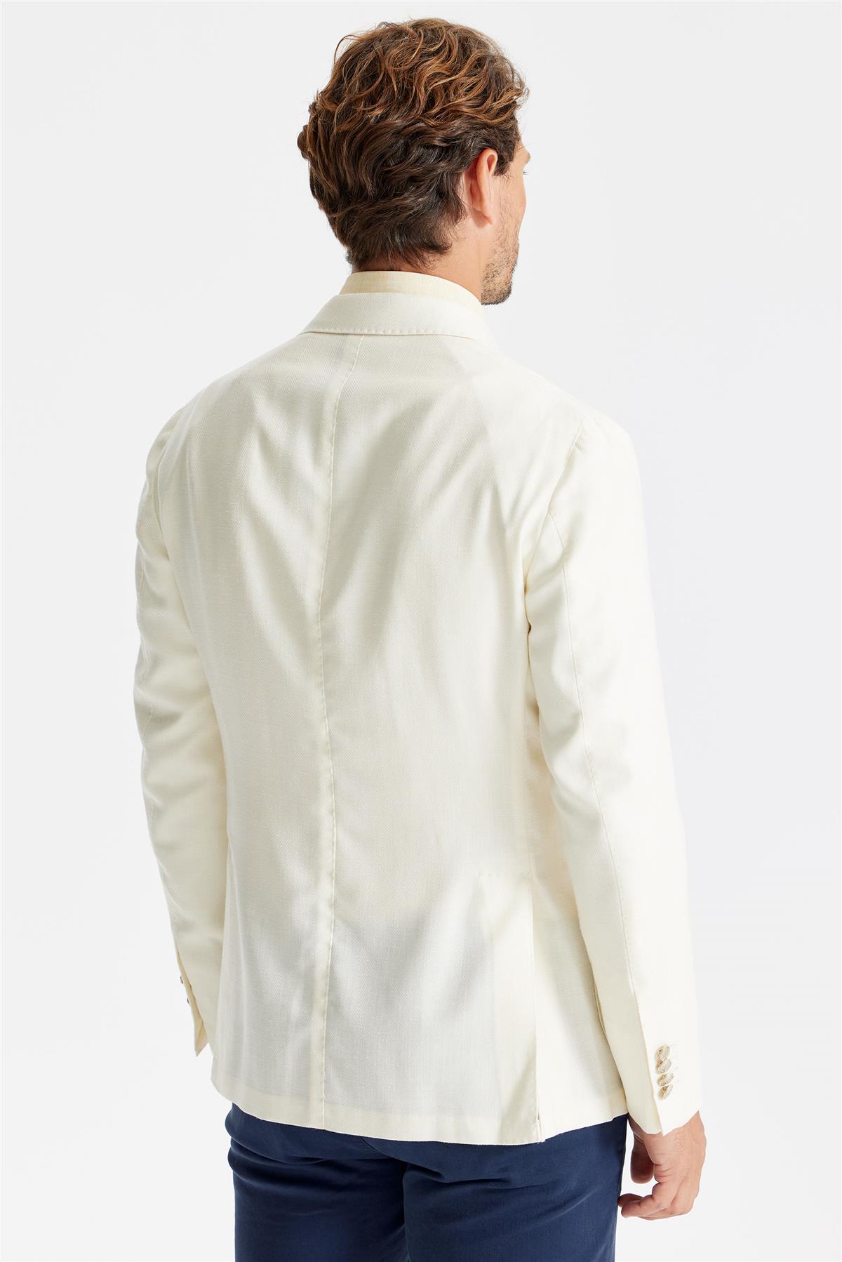 Ekru Yün İpek Keten Kruvaze Ceket