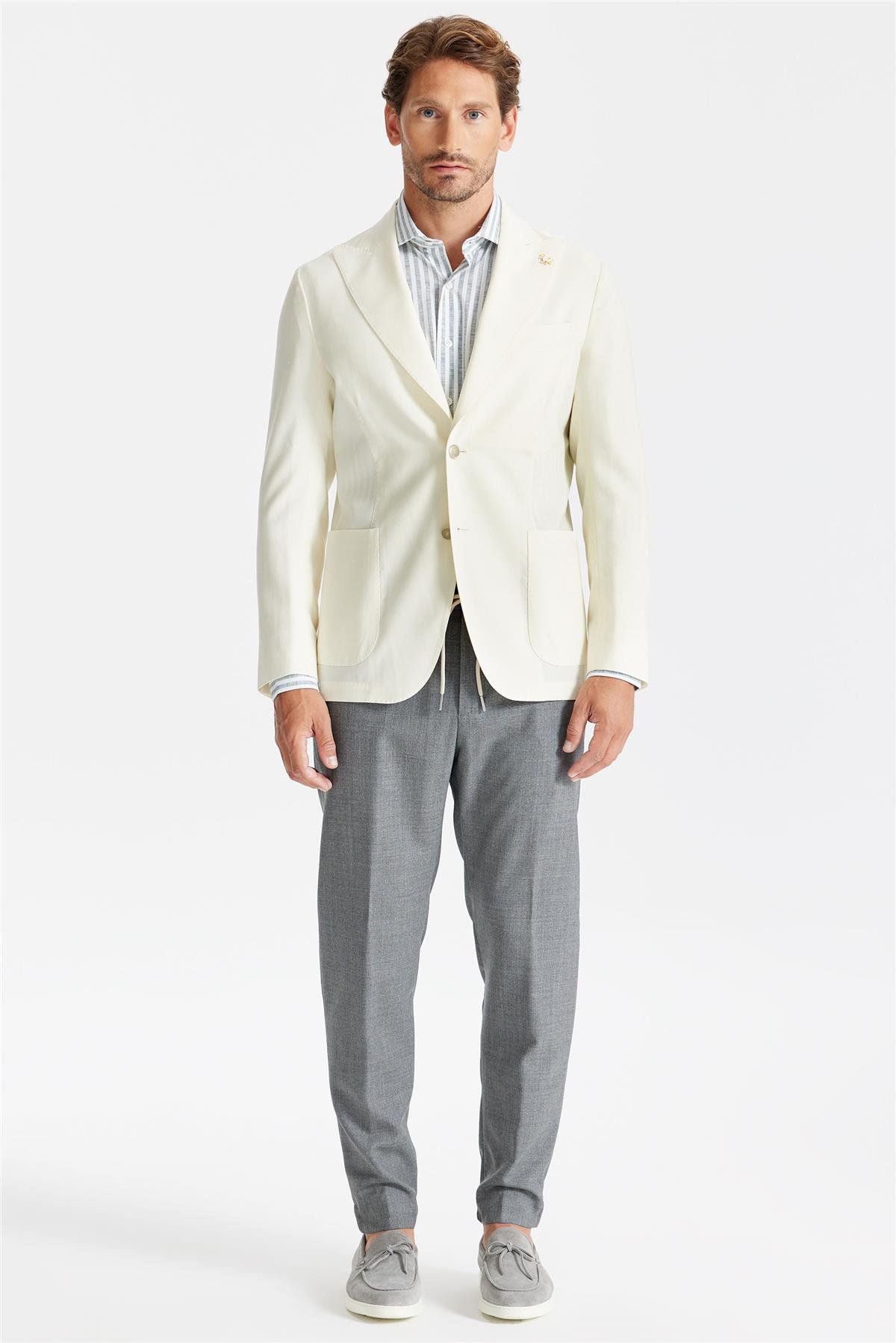 Ekru Yün Keten Blazer 