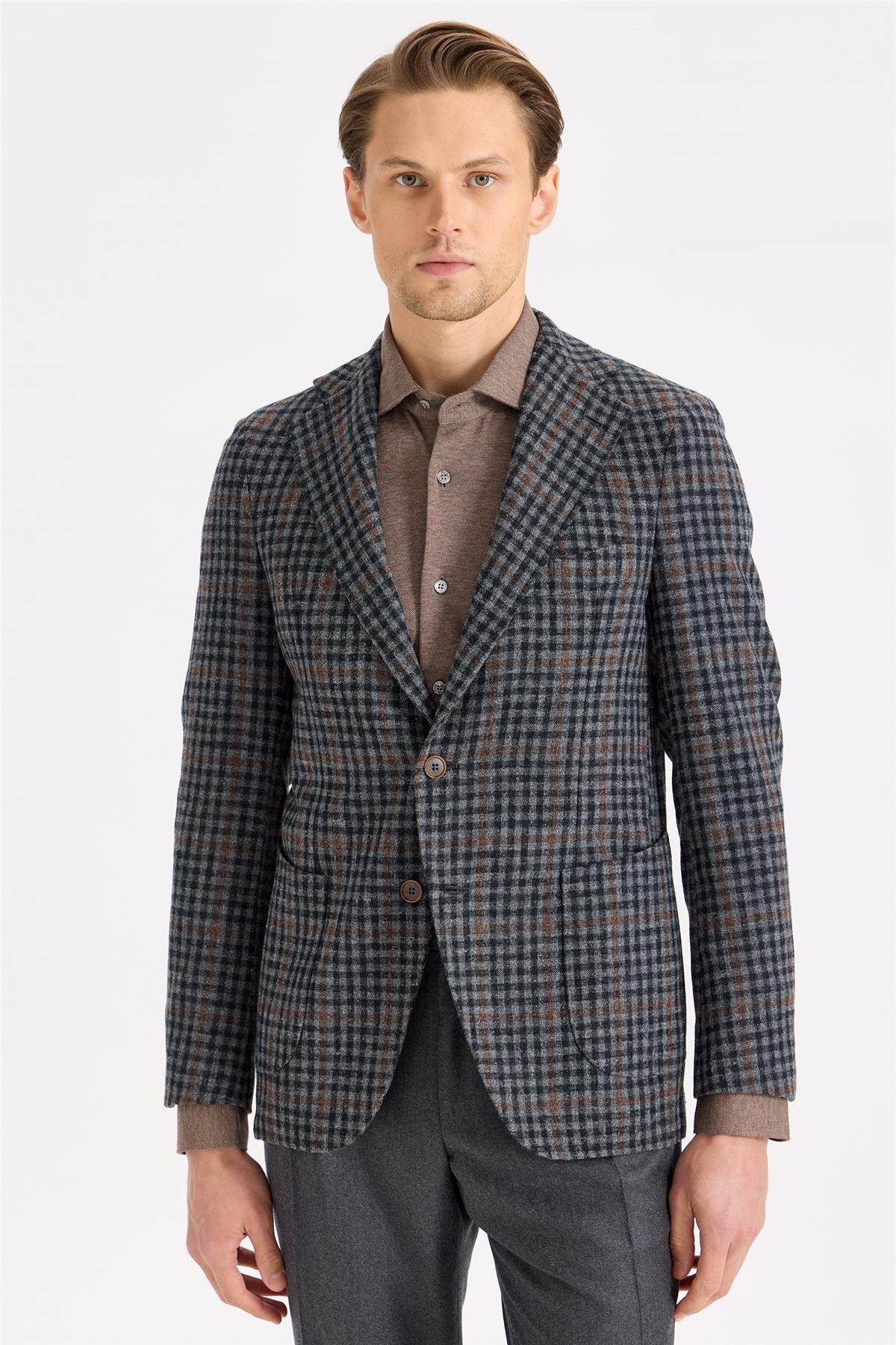 Füme Kiremit Kareli Yün Ceket