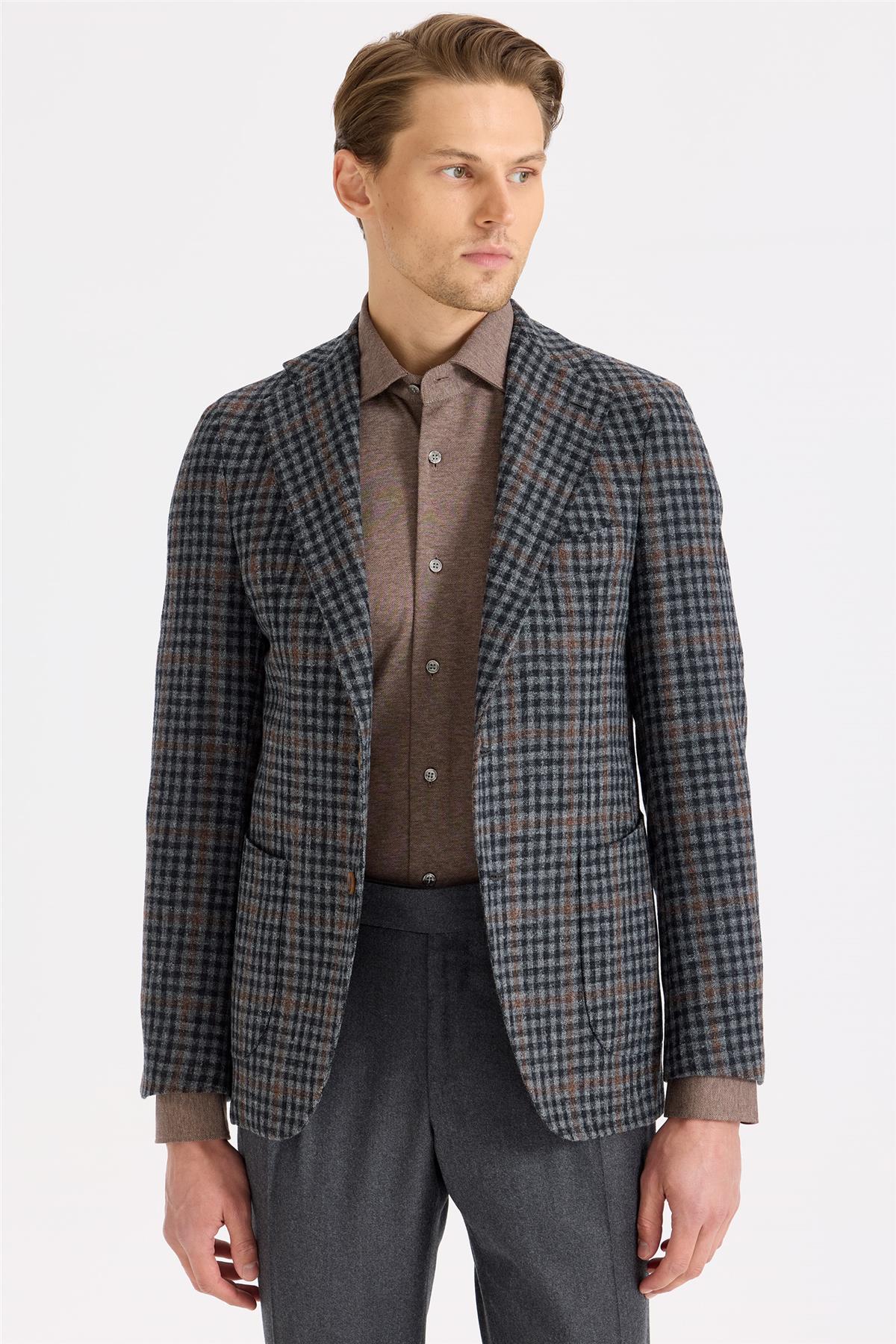 Füme Kiremit Kareli Yün Ceket