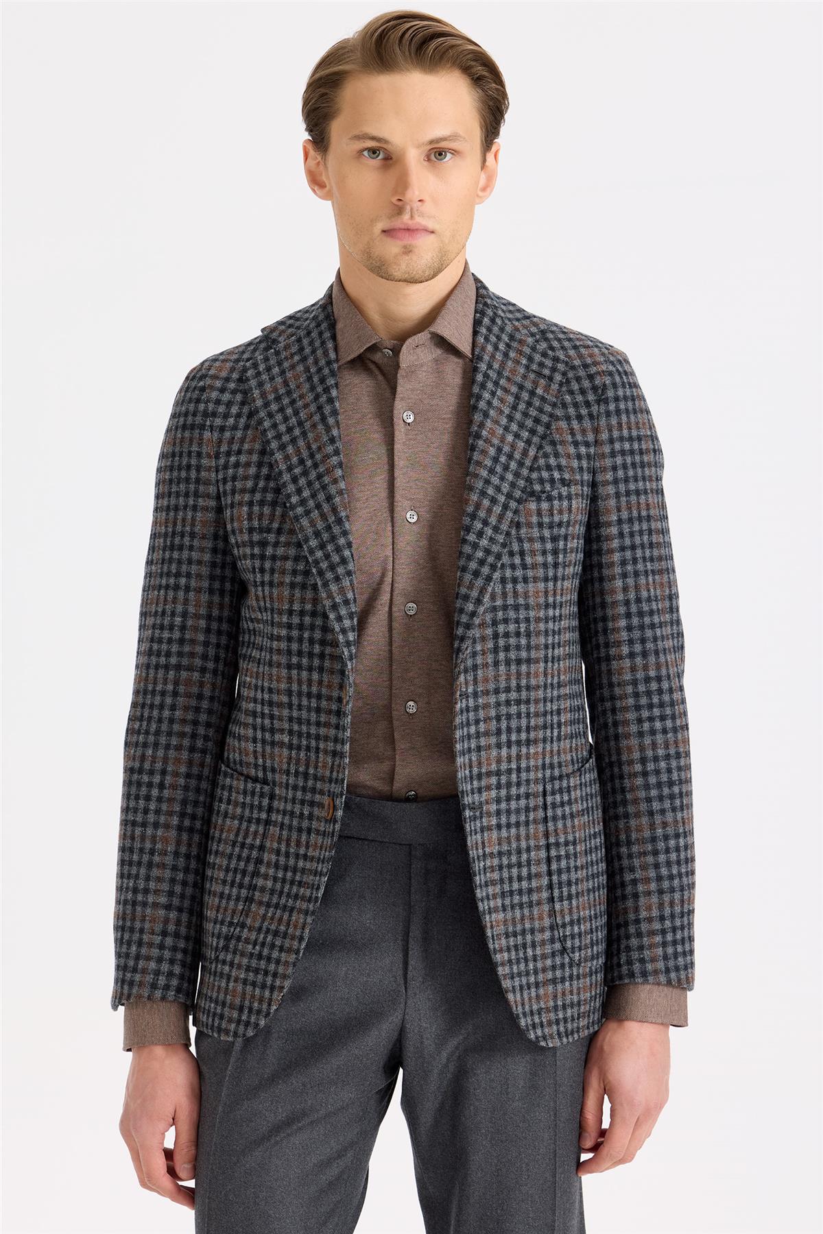 Füme Kiremit Kareli Yün Ceket