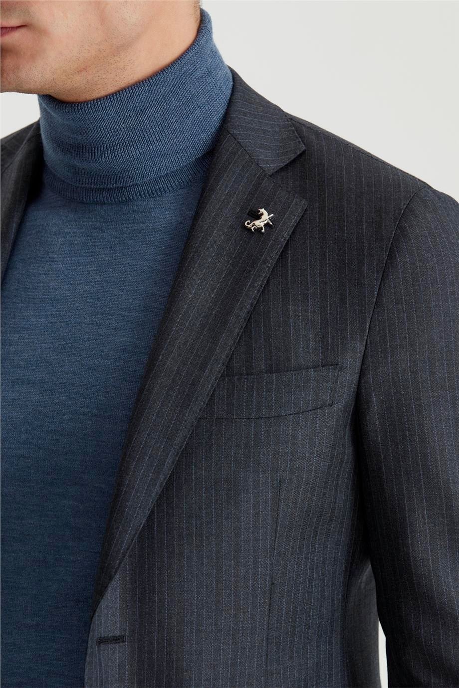 Füme Renk Mavi Çizgili Yün Takım Elbise