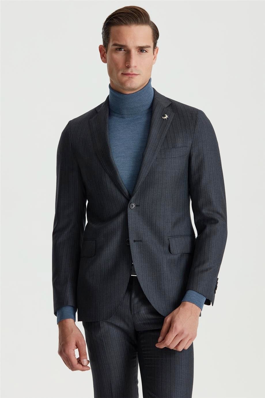 Füme Renk Mavi Çizgili Yün Takım Elbise