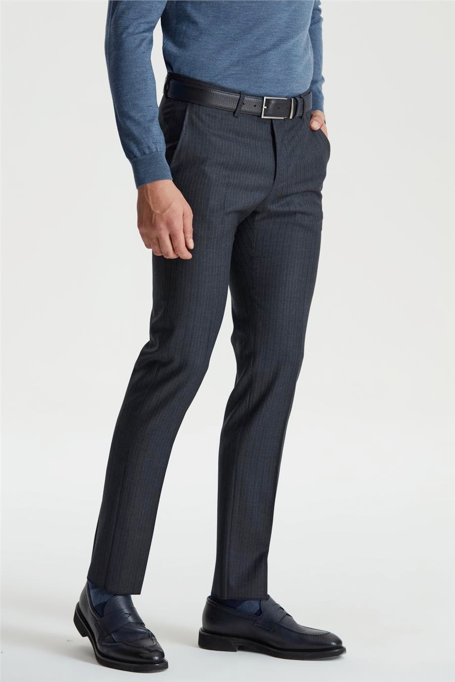 Füme Renk Mavi Çizgili Yün Takım Elbise