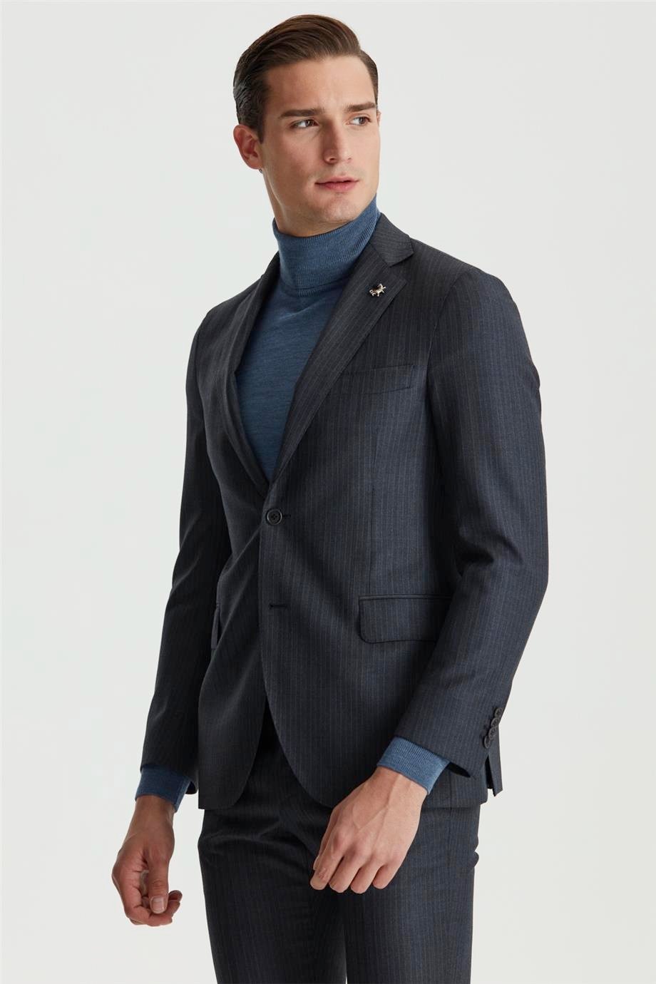 Füme Renk Mavi Çizgili Yün Takım Elbise