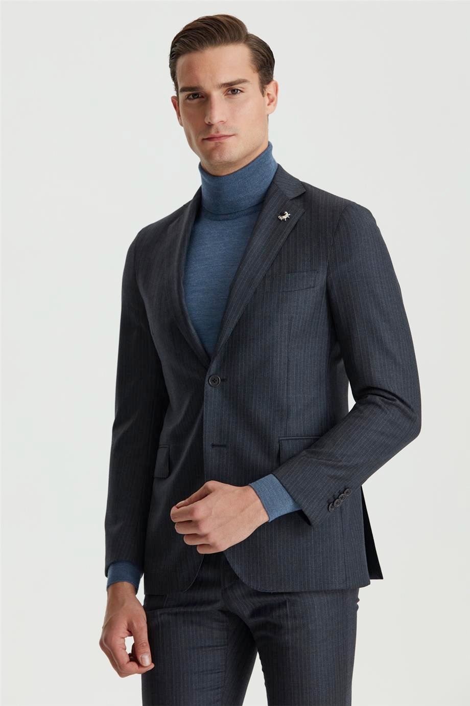 Füme Renk Mavi Çizgili Yün Takım Elbise