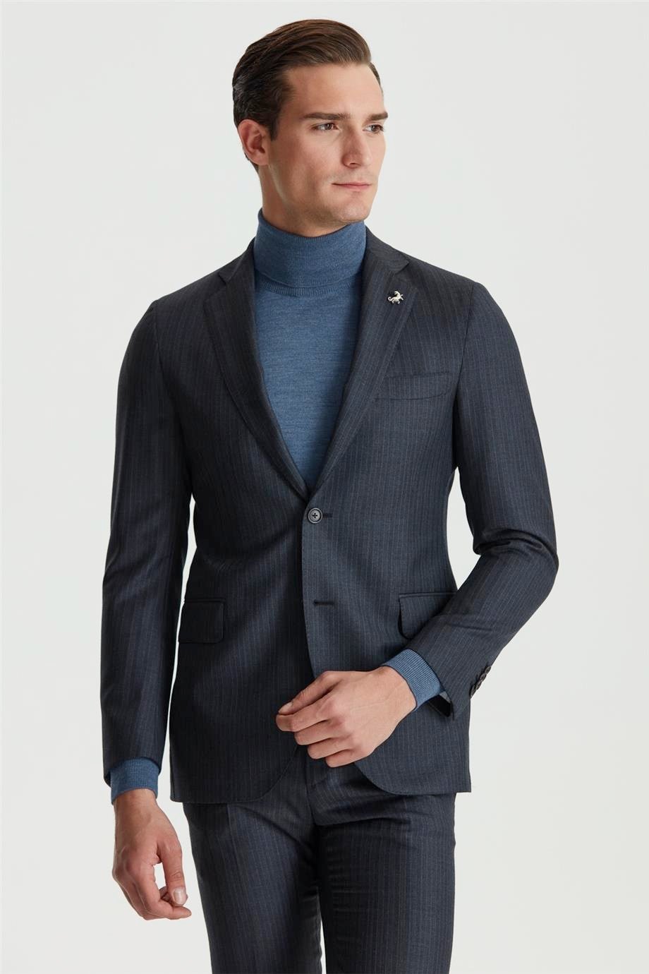 Füme Renk Mavi Çizgili Yün Takım Elbise