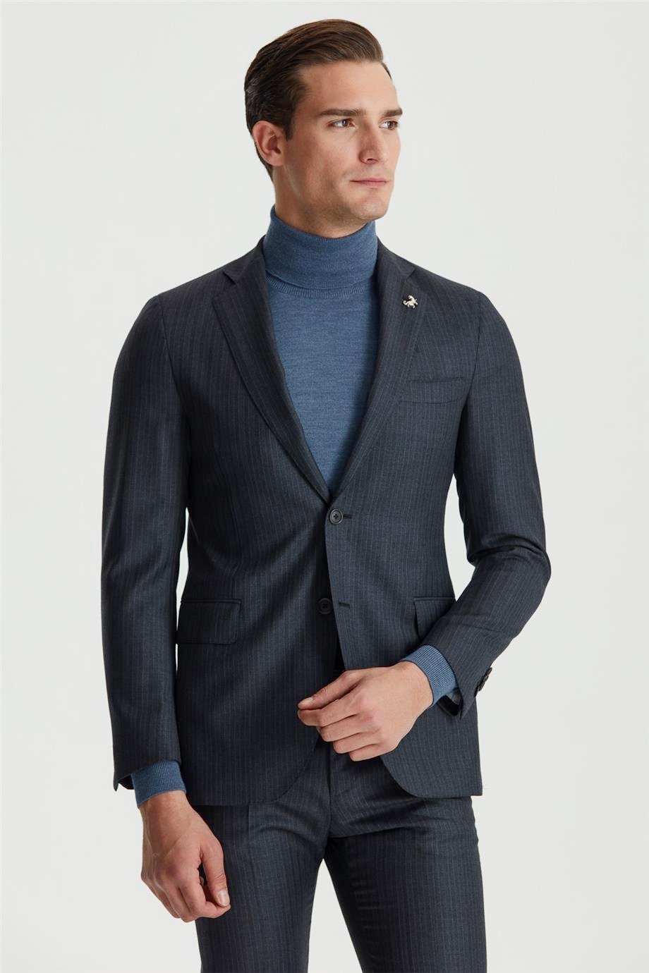 Füme Renk Mavi Çizgili Yün Takım Elbise