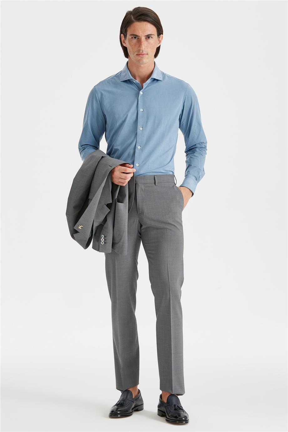 Gri Astarsız Yün Takım Elbise