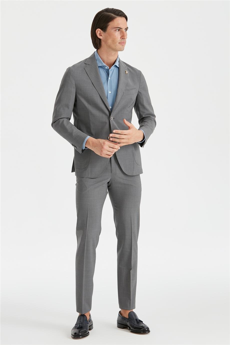 Gri Astarsız Yün Takım Elbise