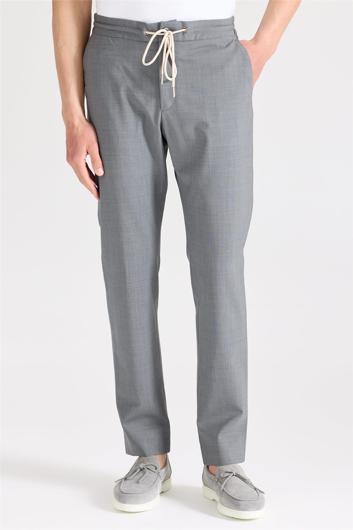 Gri Bağcıklı Yün Pantolon 