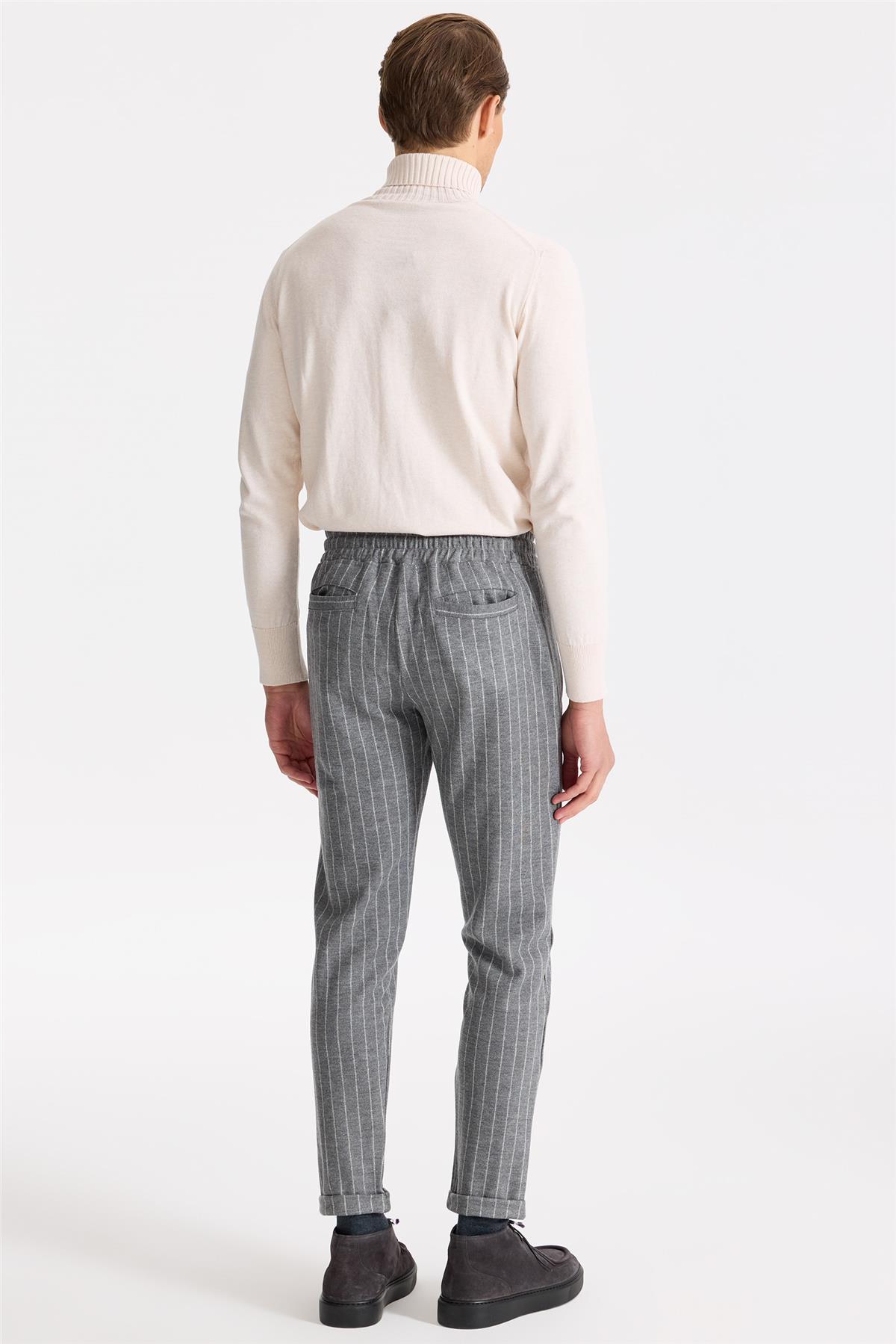 Gri Çizgili Yelekli Saf Yün Spor Takım