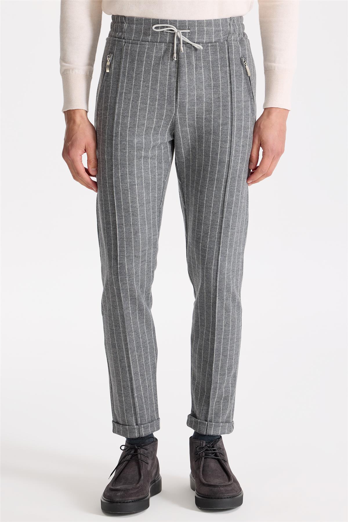 Gri Çizgili Yelekli Saf Yün Spor Takım