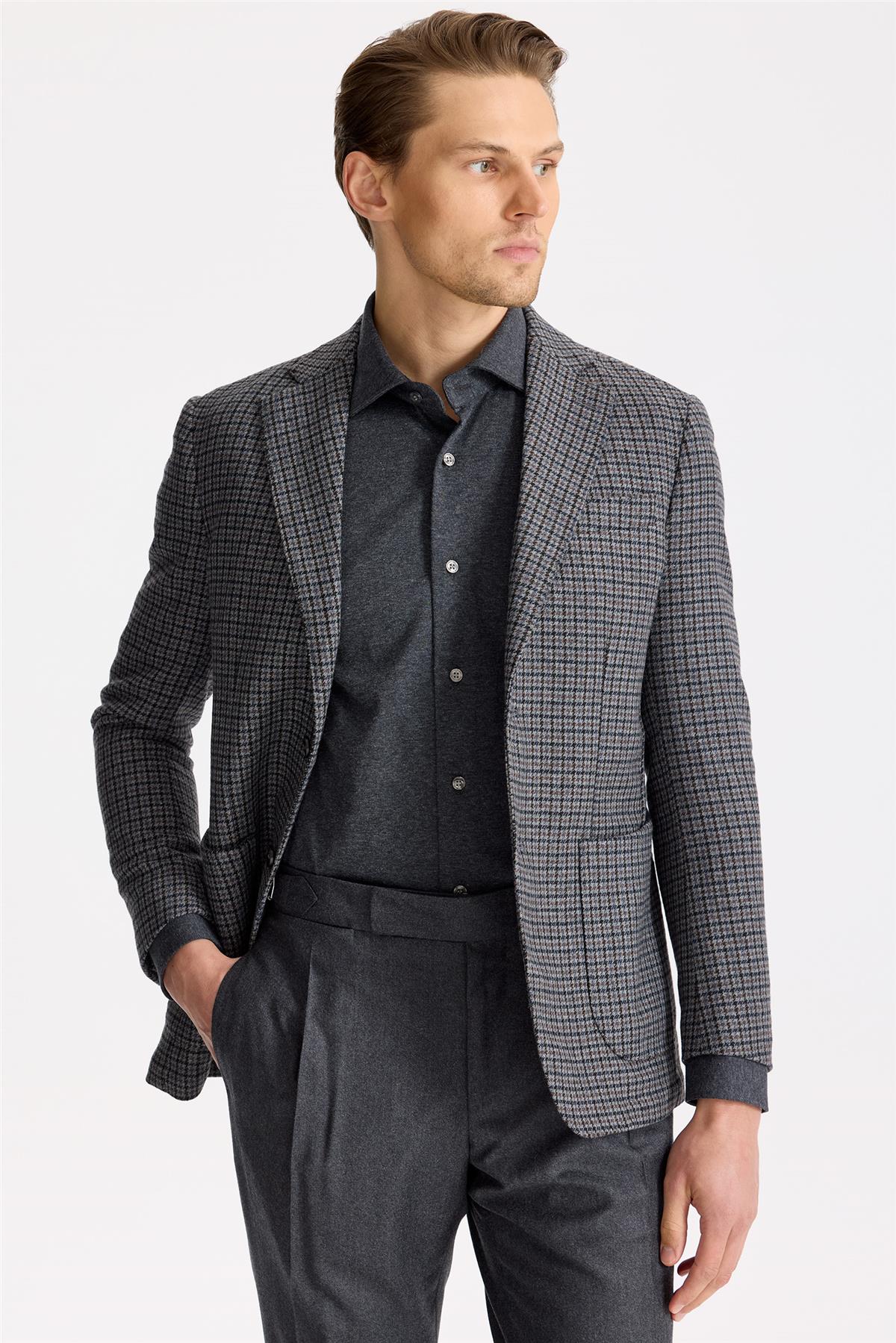 Gri Kahverengi Kareli Yün Ceket