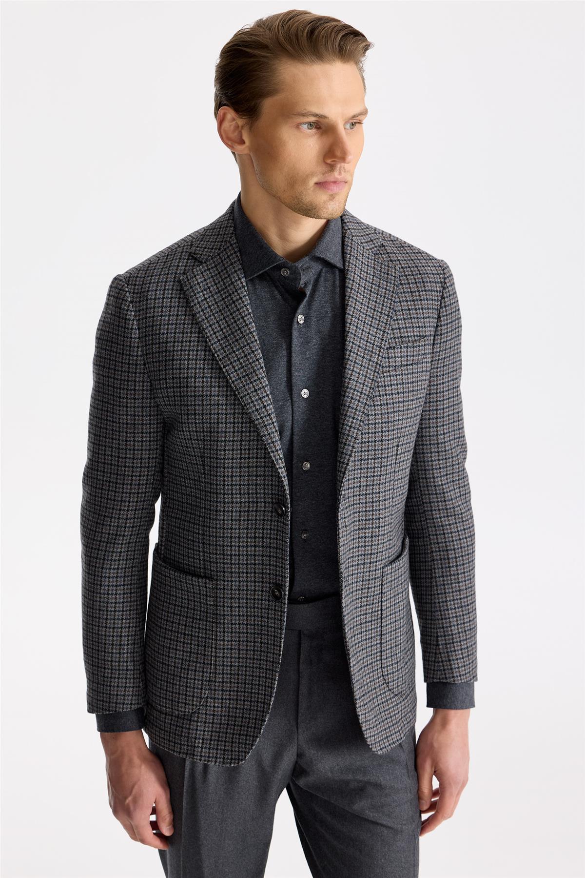 Gri Kahverengi Kareli Yün Ceket