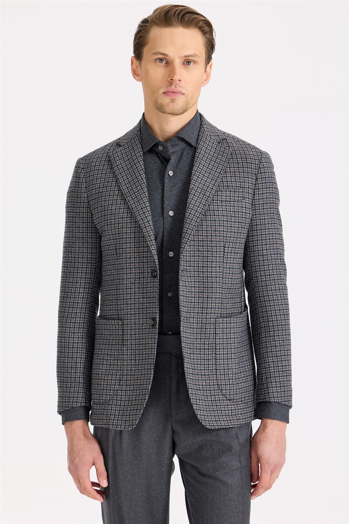 Gri Kahverengi Kareli Yün Ceket