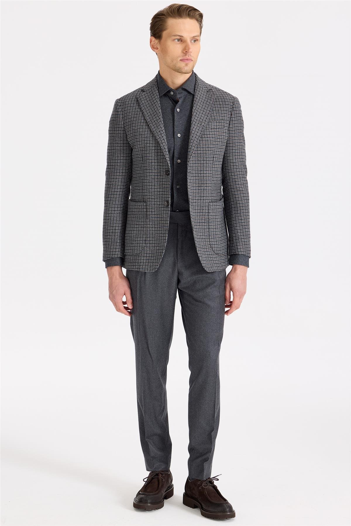 Gri Kahverengi Kareli Yün Ceket