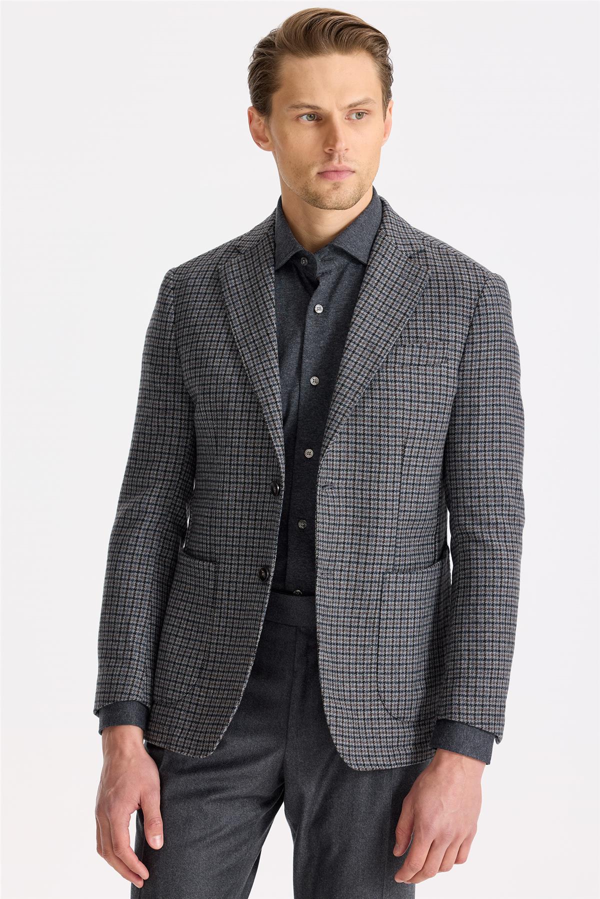 Gri Kahverengi Kareli Yün Ceket