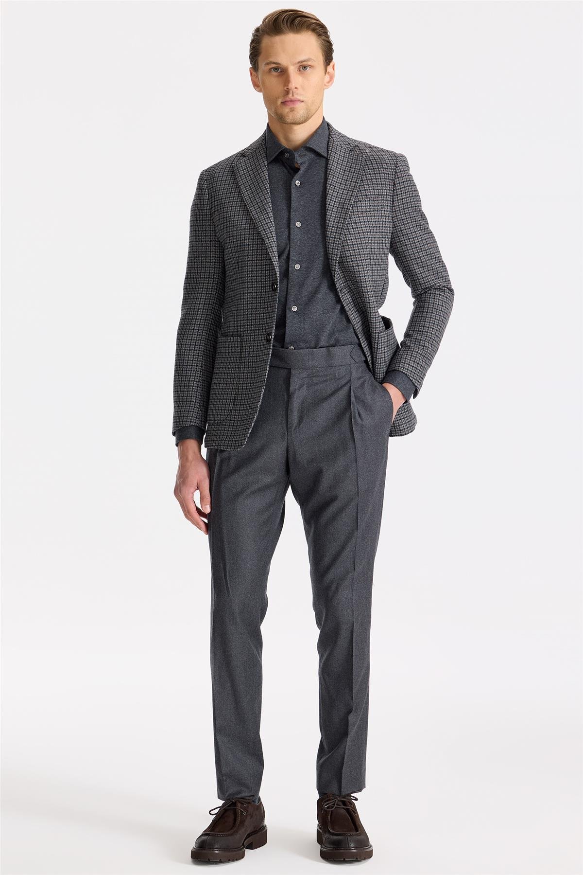 Gri Kahverengi Kareli Yün Ceket