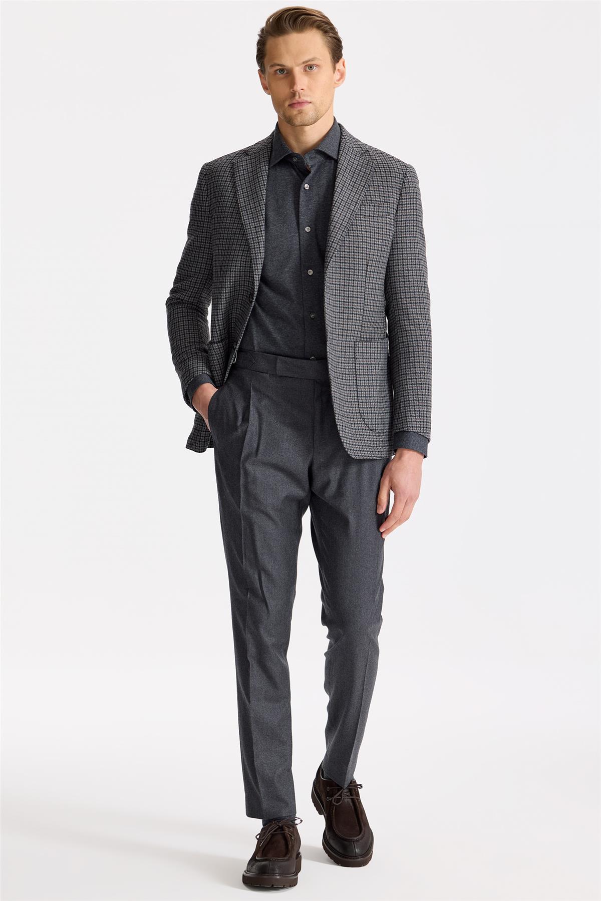 Gri Kahverengi Kareli Yün Ceket