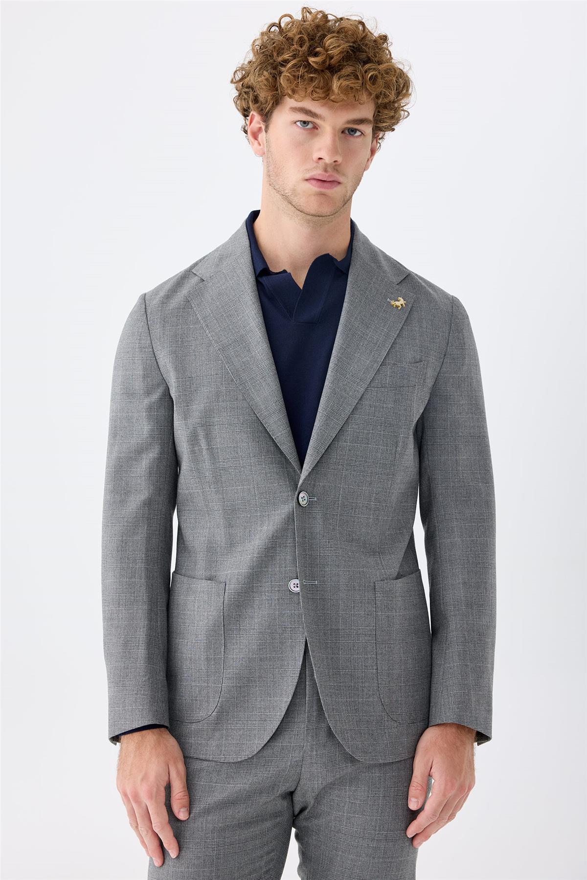 Gri Kareli Yün Takım Elbise