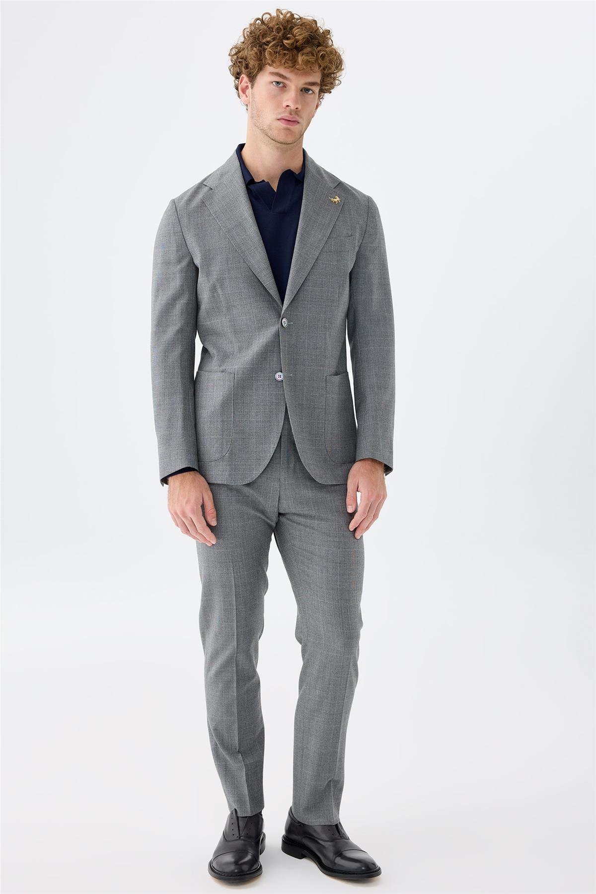 Gri Kareli Yün Takım Elbise