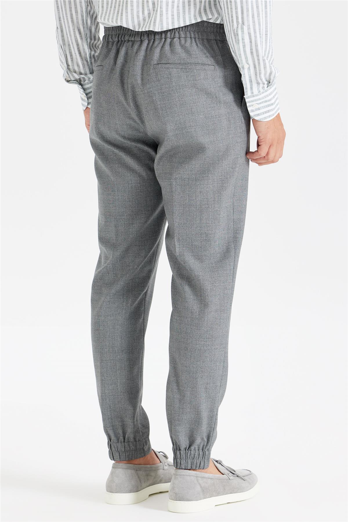 Gri Kırçıllı Beli Kordonlu Yün Pantolon