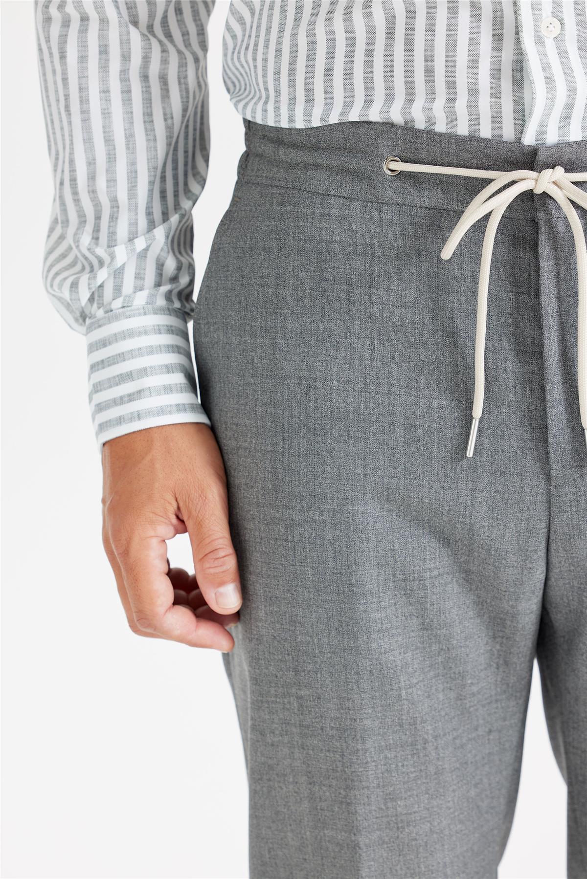 Gri Kırçıllı Beli Kordonlu Yün Pantolon