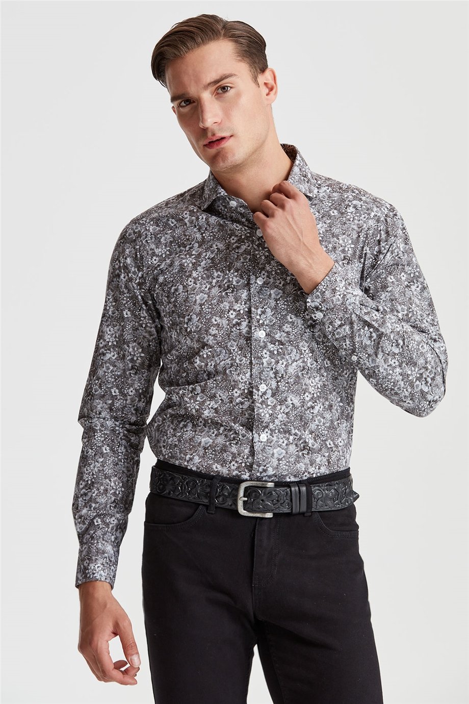 Gri Küçük Çiçek Desenli Pamuk Gömlek