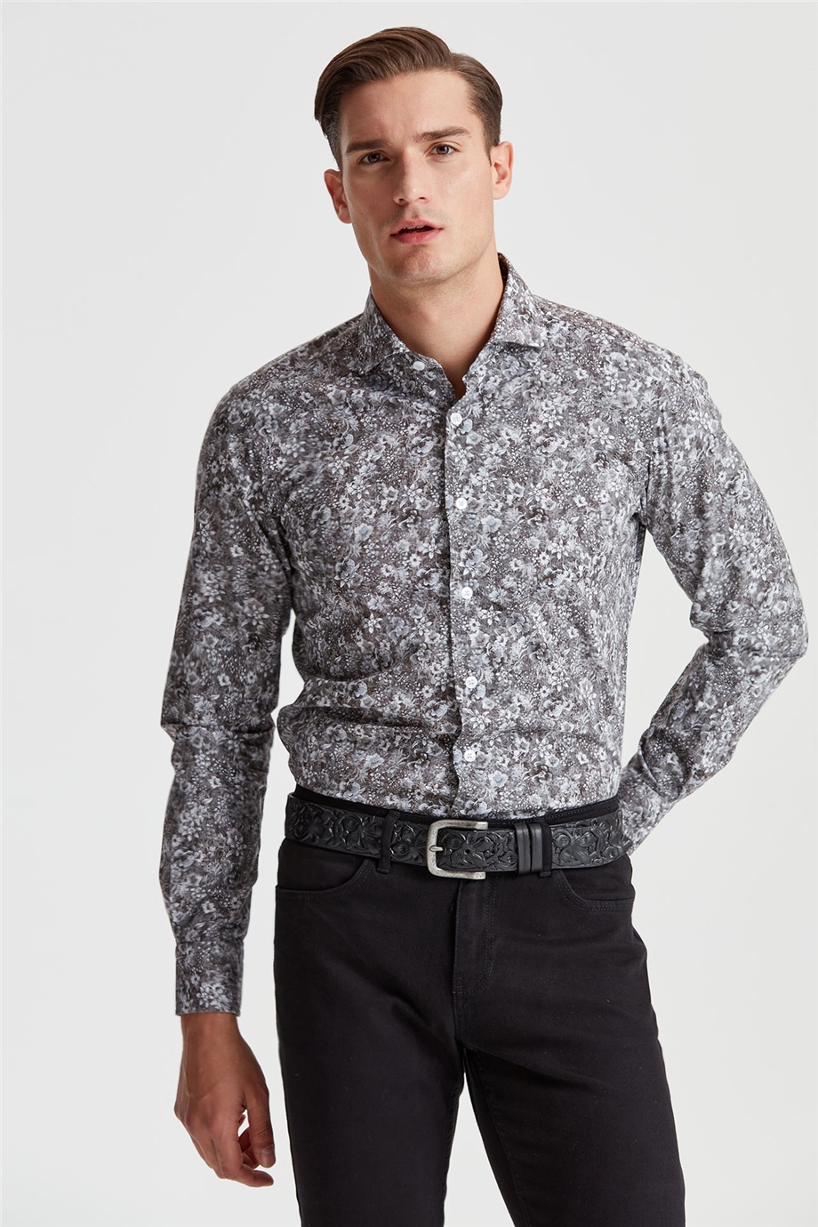 Gri Küçük Çiçek Desenli Pamuk Gömlek